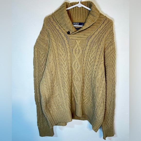 Polo Ralph Lauren Vintage 90s Lambswool Button Shawl Cable Knit Preppy Sweater L - Picture 1 of 2